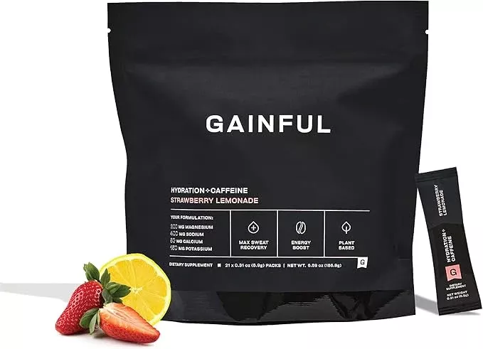 Gainful Hydration + Caffeine Powder Packets with Key Electrolytes Magnesium & Sodium + L Theanine, Low Sugar Drink Mix, Tropical Mango, 21 Sticks