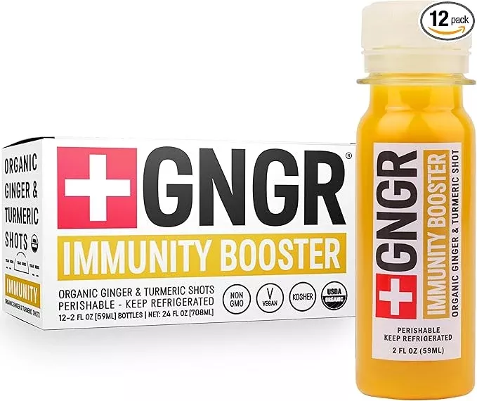 '+GNGR Immunity Booster Organic Ginger and Turmeric Shot - Cold Pressed Ginger Shots with Turmeric, Cayenne Pepper, Orange, Lemon for All Natural Immune & Digestive Support (2 Oz, Pack of 12)