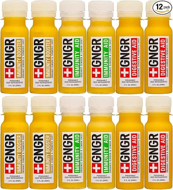 '+GNGR Immunity Sampler Organic Ginger Wellness Shots - Premium Ginger Shots for All Natural Digestive Support and Immune Support - Cold Pressed Ginger Juice - Nothing Artificial (2 Oz, Pack of 12)