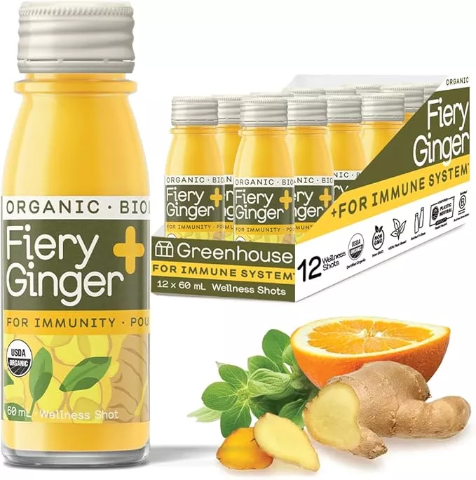 Greenhouse Juice Organic Fiery Ginger Wellness Shots 12-Count 60ml Glass Bottles, Vegan & Gluten-Free