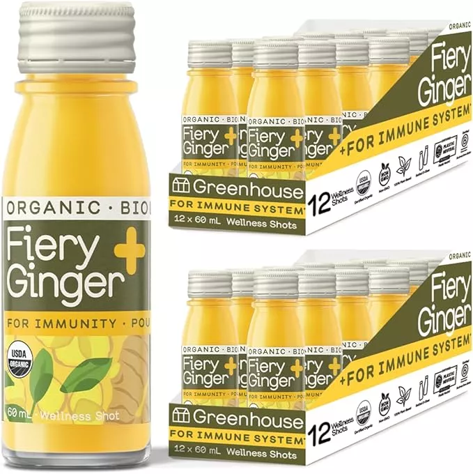 Greenhouse Juice Organic Fiery Ginger Wellness Shots 24-Count 60ml Glass Bottles | Vegan & Gluten-Free