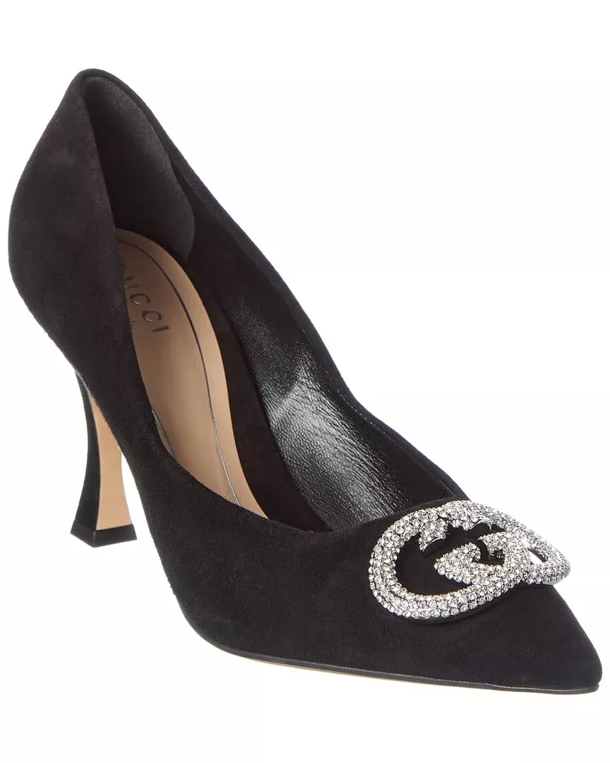 Gucci G Interlocking Suede & Crystal Pump