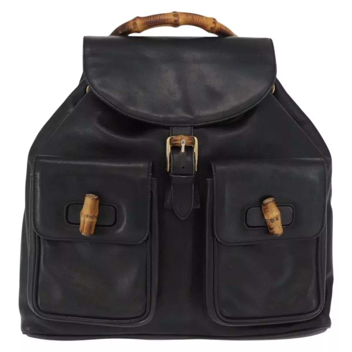 Gucci Vintage Bamboo Backpack Leather Black Leather Backpack Bag (Authentic Pre-Loved)