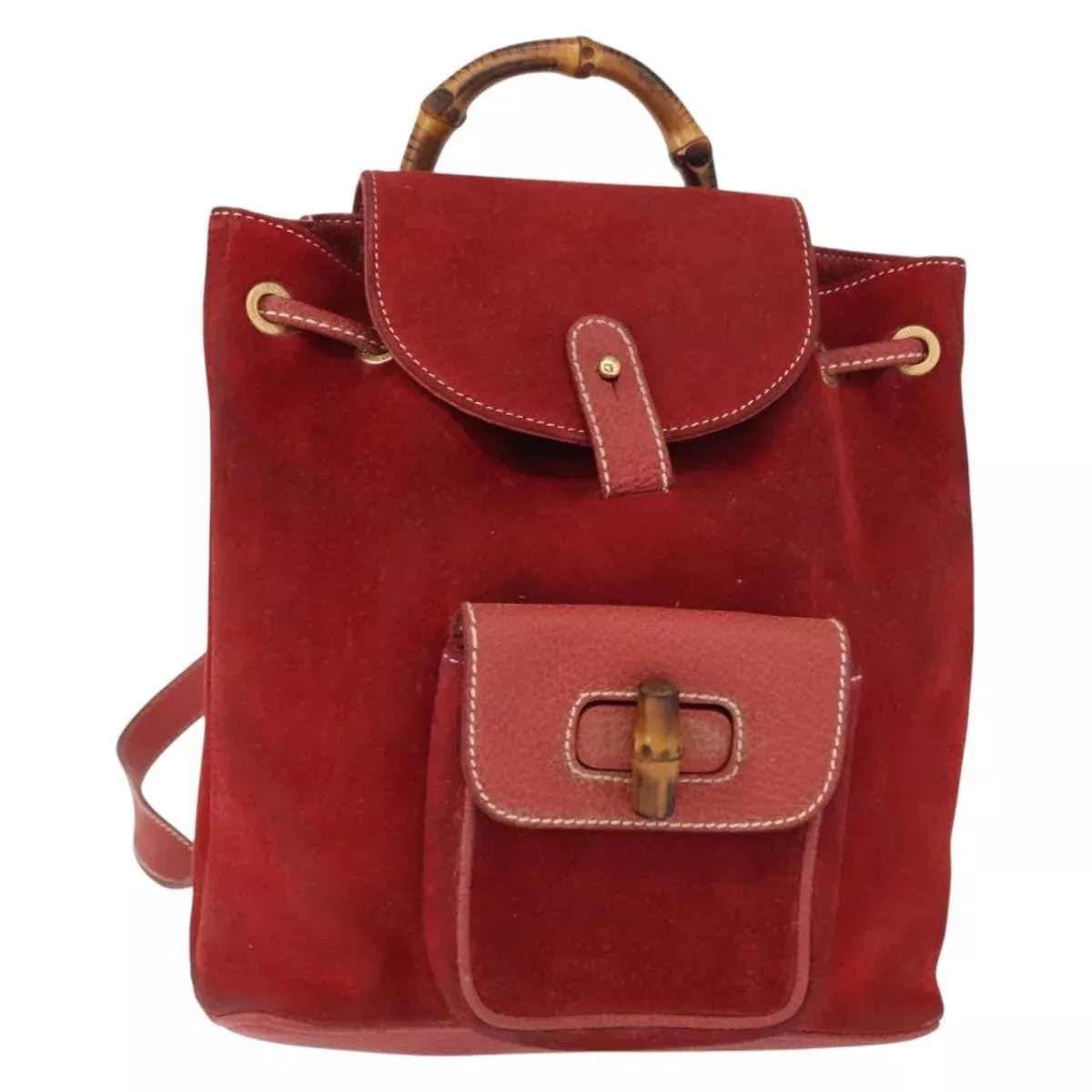 Gucci Vintage Bamboo Backpack Leather Red Leather Backpack Bag (Authentic Pre-Loved)