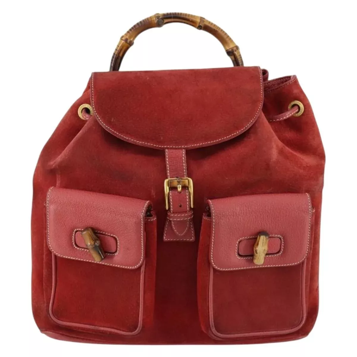 Gucci Vintage Bamboo Backpack Suede Red Suede Backpack Bag (Authentic Pre-Loved)