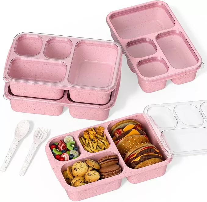 Large Capacity Bento Box for Adults, 4-Piece Set – Stackable Lunch Box with 4 Compartments, Microwave & Dishwasher Safe, Reusable Meal Prep Containers, Snack Containers for Kids & Adults (4 Colors)