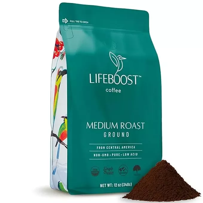 Lifeboost Coffee Ground Medium Roast Coffee - Low Acid Single Origin USDA Organic Coffee - Non-GMO Ground Coffee Third Party Tested For Mycotoxins & Pesticides - 12 Ounces
