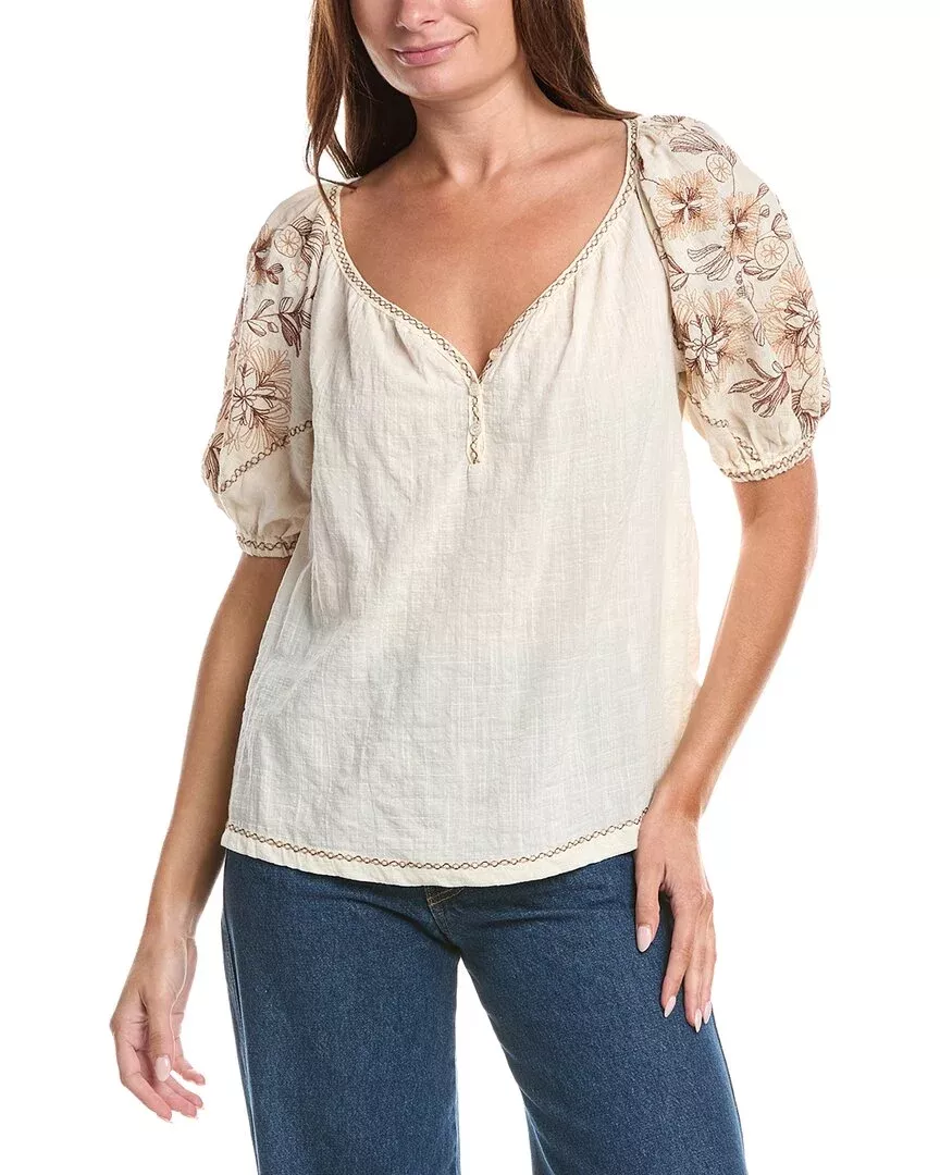 Max Studio Elbow Sleeve Embroidered V-Neck Top