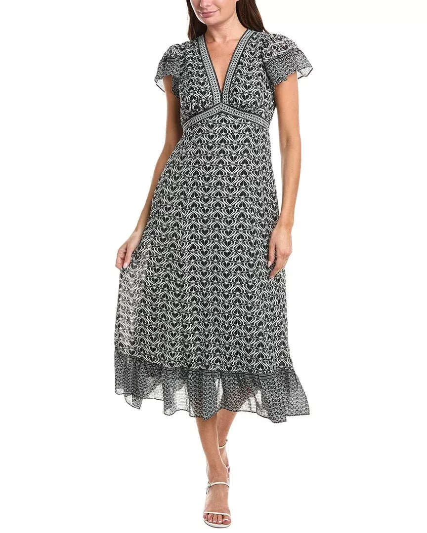 Max Studio V-Neck Ruffle Sleeve & Hem Midi Dress