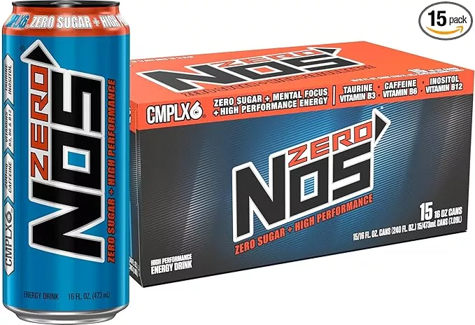 NOS Zero Sugar: High Performance Energy Drink. 16 Fl oz (Pack of 15)