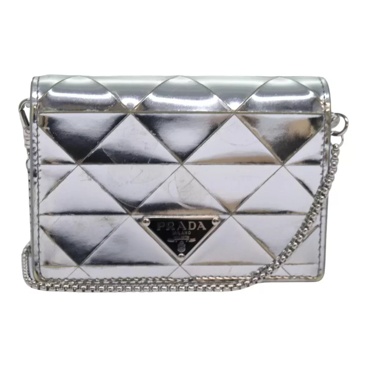 Prada Chain Wallet Embellished Leather Silver Leather Wallets Accessory (Authentic Pre-Loved)