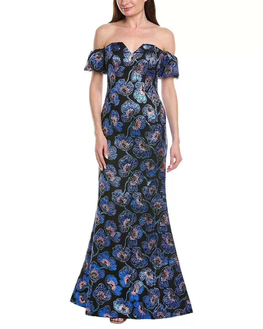 Rene Ruiz Off-The-Shoulder Printed Mikado Column Gown