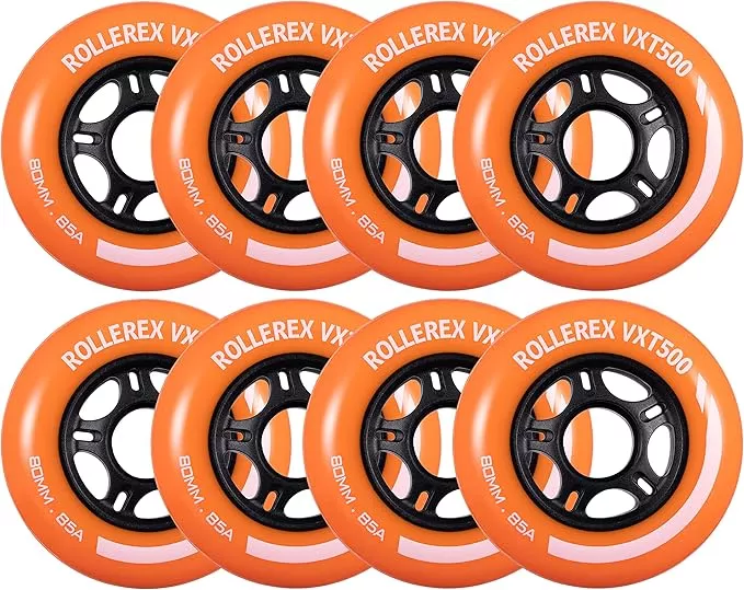 Rollerex VXT500 Inline Skate Wheels (8-Pack) (Various Size & Color Options Available) -Indoor Outdoor- Intended for Roller Blade Wheel Replacement