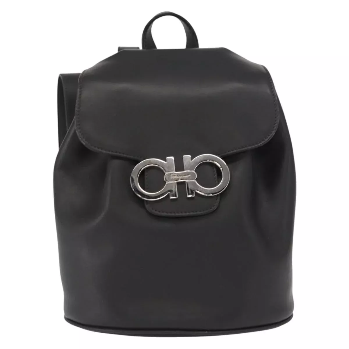 Salvatore Ferragamo Gancini Flap Drawstring Backpack Leather Black Leather Backpack Bag (Authentic Pre-Loved)