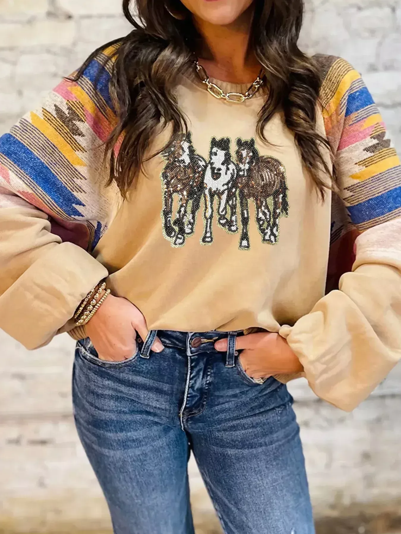 Sequined Western Horses Bubble Sleeve Sweatshirt
