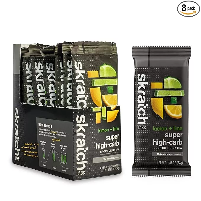 Skratch Labs Super High-Carb Drink Mix Packets - Carbohydrate Powder - Cluster Dextrin and Electrolytes - Endurance Energy- Energy Gel Alternative - Lemon/Lime - 8 Single Serving Packets - Non-GMO