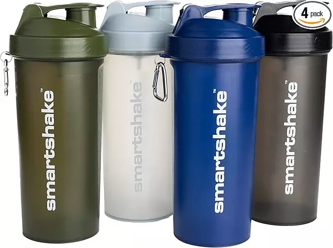 Smartshake Lite 4-Pack Protein Shaker Bottle 1000 ml | 34 oz - Leakproof Screw-on Lid - BPA Free – Unisex - Mist Gray, Army Green, Black, Navy Blue