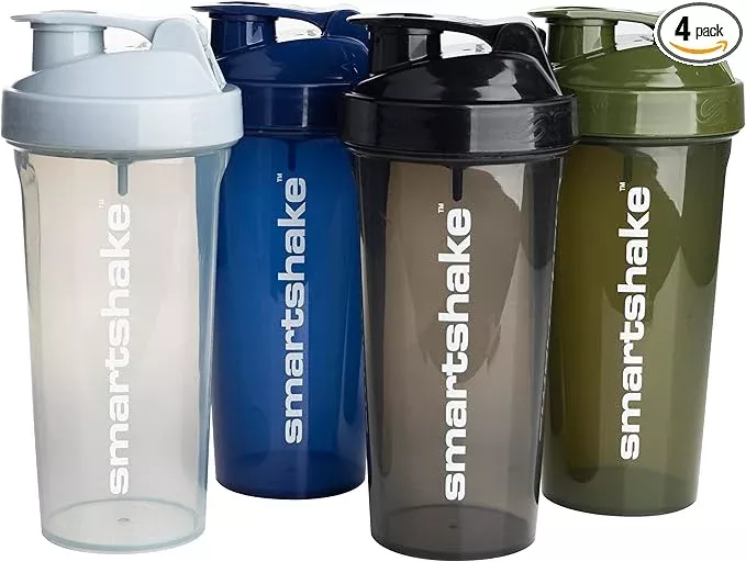 Smartshake Lite 4-Pack Protein Shaker Bottle 800 ml | 27 oz - Leakproof Screw-on Lid - BPA Free – Unisex - Mist Gray, Army Green, Black, Navy Blue