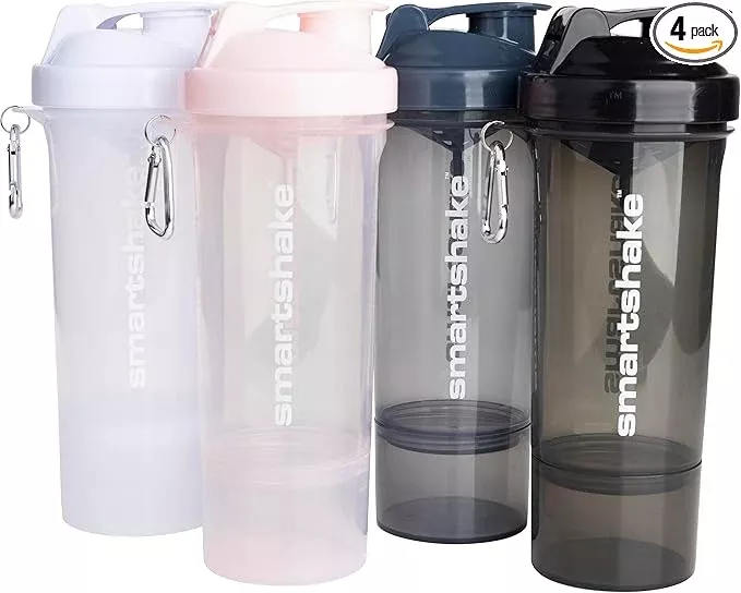 Smartshake Slim 4-Pack Protein Shaker Bottle 400 ml | 13.5 oz – Storage Included - Leakproof Screw-on Lid - BPA Free – Unisex - Black, White, Stormy Gray, Cotton pink