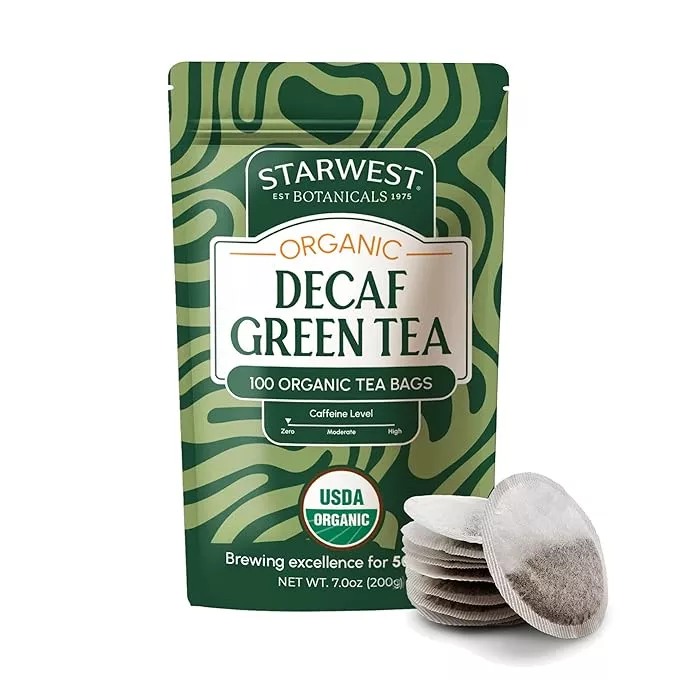 Starwest Botanicals Organic Decaf Green Tea - Decaffeinated Herbal Tea, Caffeine Free Tea with Antioxidant Properties, String Free Sachets, USDA Organic Green Tea Leaf, Non GMO - 20 Tea Bags