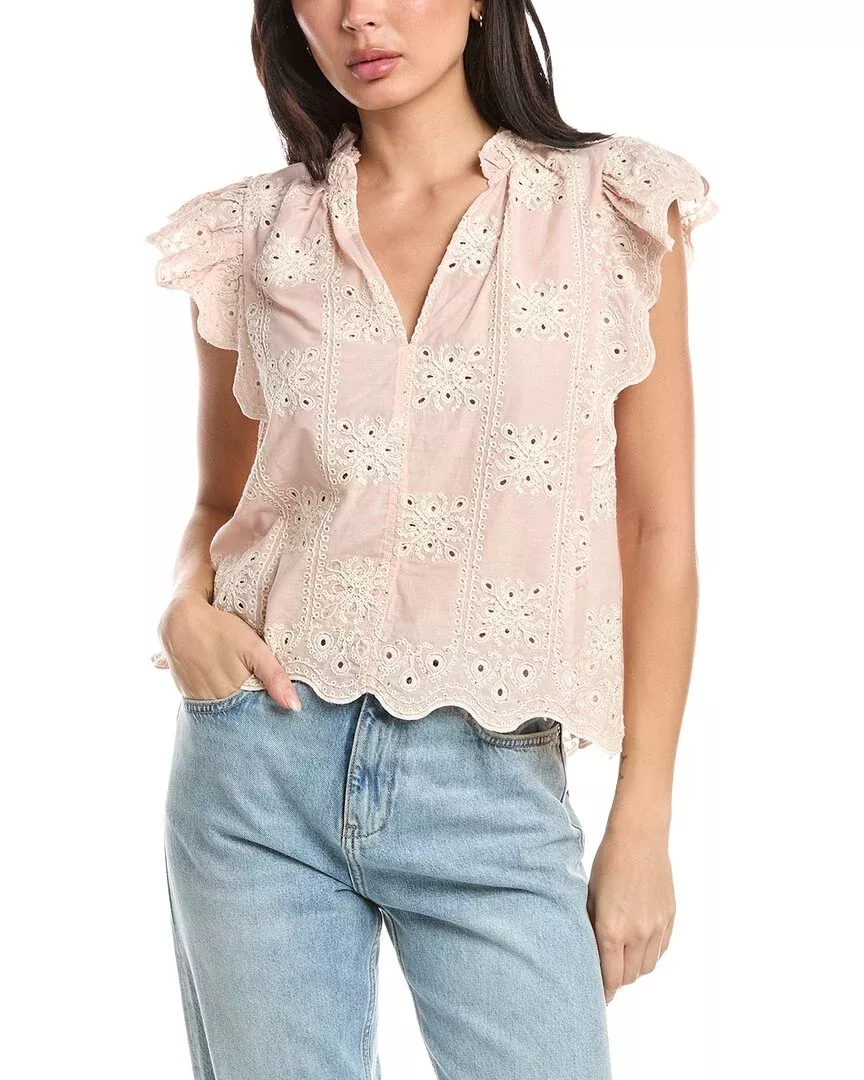 Stellah Lucy Embroidered Split Neck Top