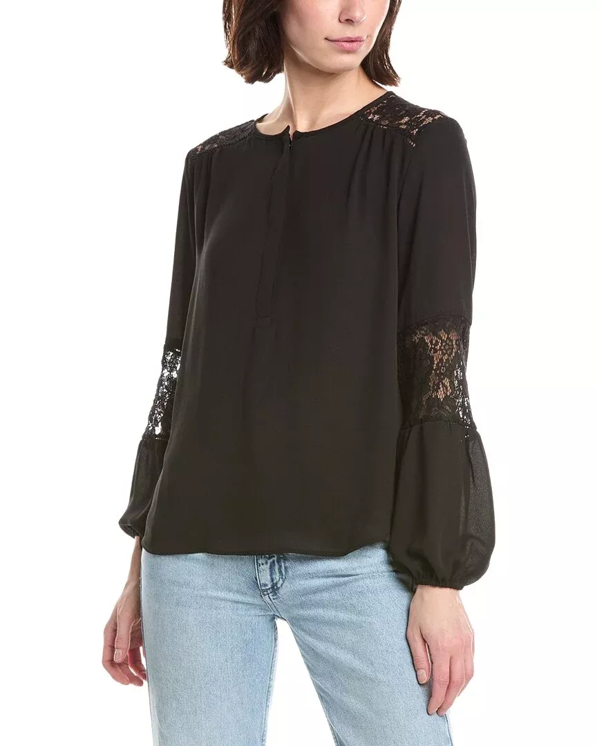 T Tahari Half Placket Lace Trim Blouse