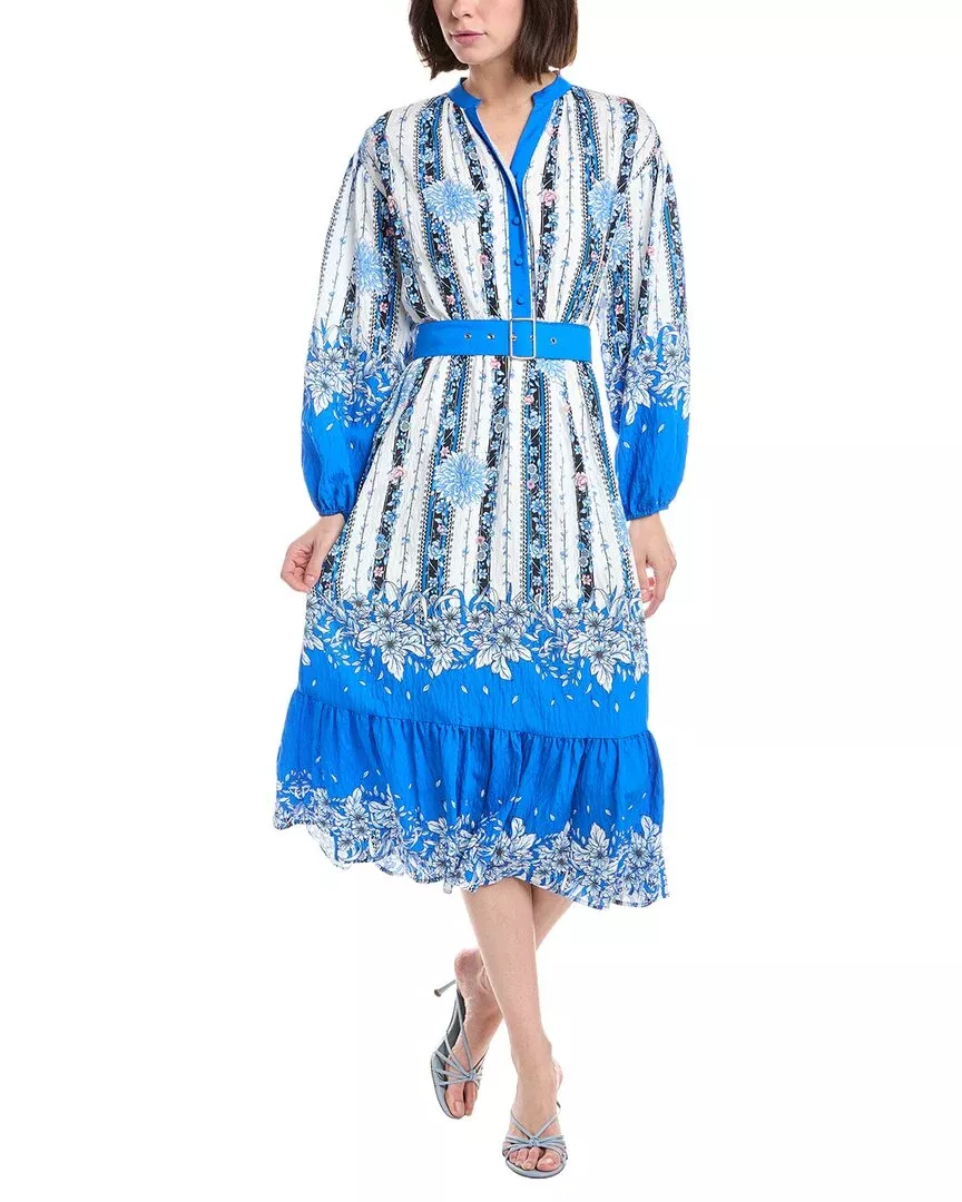 T Tahari Split Neck Half Placket Midi Shirtdress