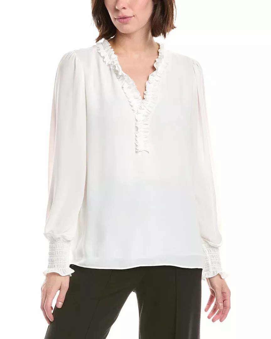 T Tahari Split Neck Ruffle Trim Blouse