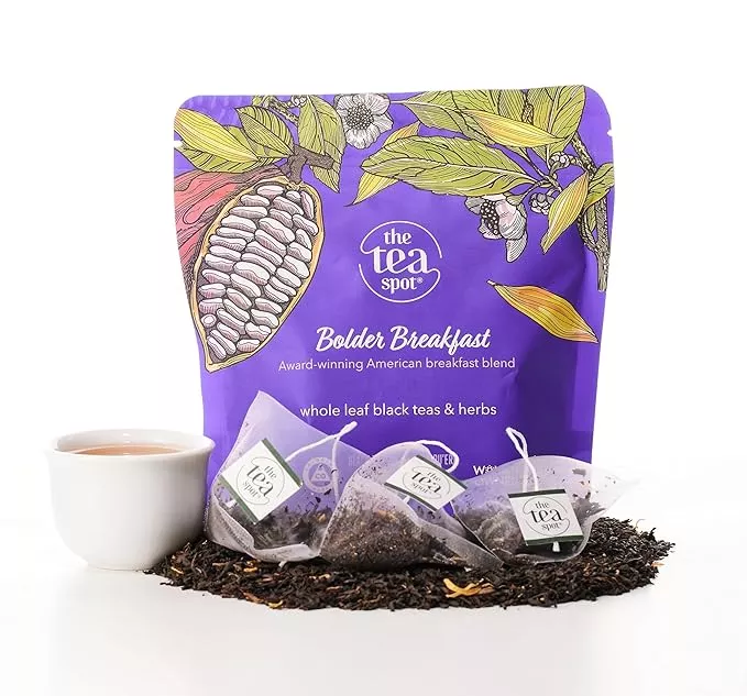 The Tea Spot Bolder Breakfast Tea with Dark Chocolate Flavoring | Blend of Black Tea, Pu’erh Tea, Calendula Flowers, Sunflower Petals, and Chocolate Flavoring | 15 Tea Bags