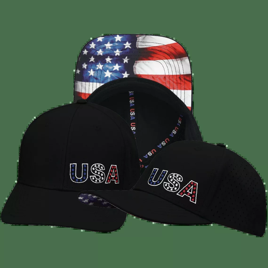 USA Hat - Baseball Hat Fit - Black - Laser Mesh