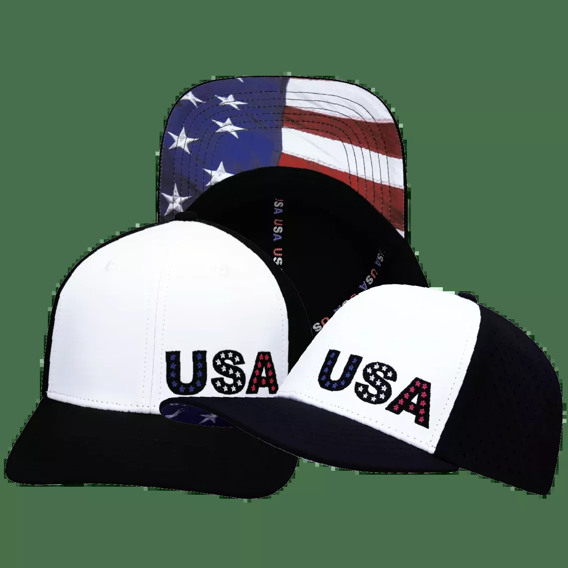 USA Hat - Baseball Hat Fit - Black / White - Laser Mesh