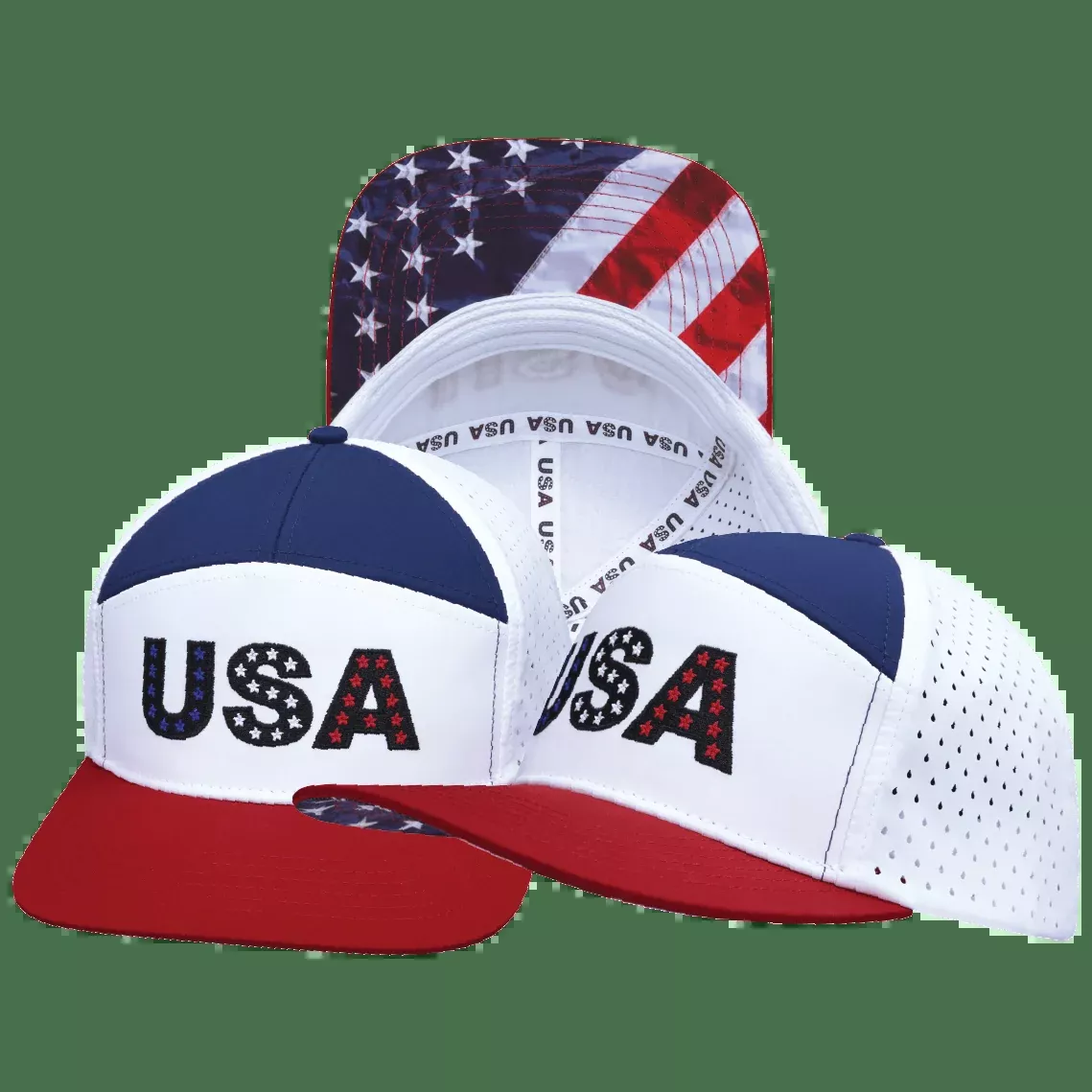 USA Hat - Flat Bill - Dark Red / White / Navy / White - Laser Mesh