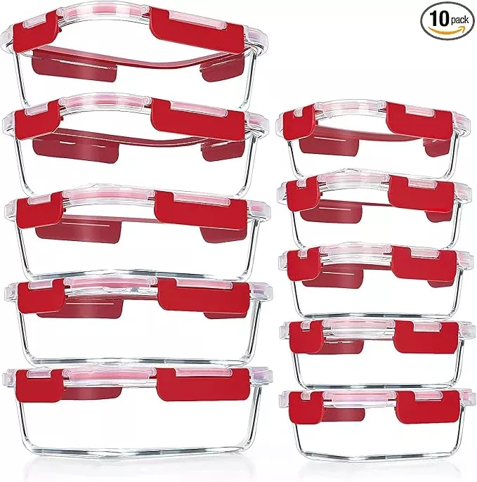 VERONES 10Pack Glass Meal Prep Containers, Airtight Glass Lunch Containers,Stackable Glass Food Storage Containers Set with Lids,Exclusive of BPA, for Microwave,Oven, Freezer&Dishwasher Friendly,Green