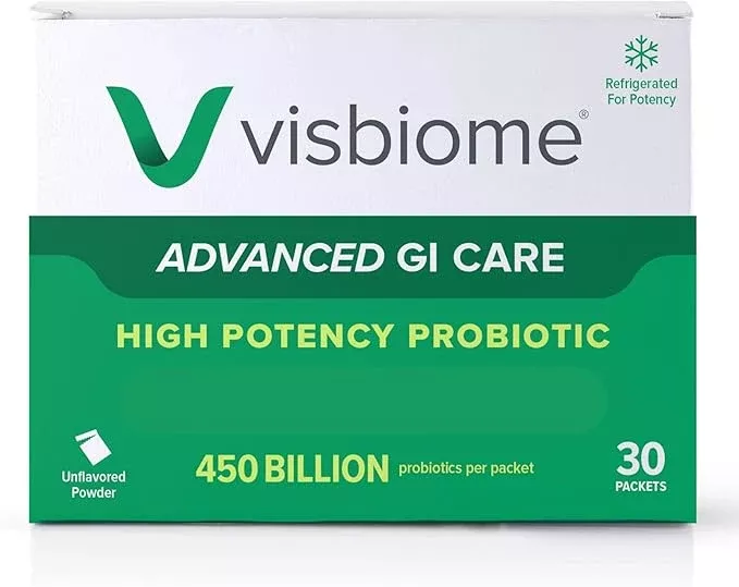 Visbiome Advanced GI Care - High Potency Probiotic 450 Billion Strength - 30 Packets Unflavored Powder - Original De Simone Formulation - Shipped Cold in Recyclable Cooler with Temperature Monitor.