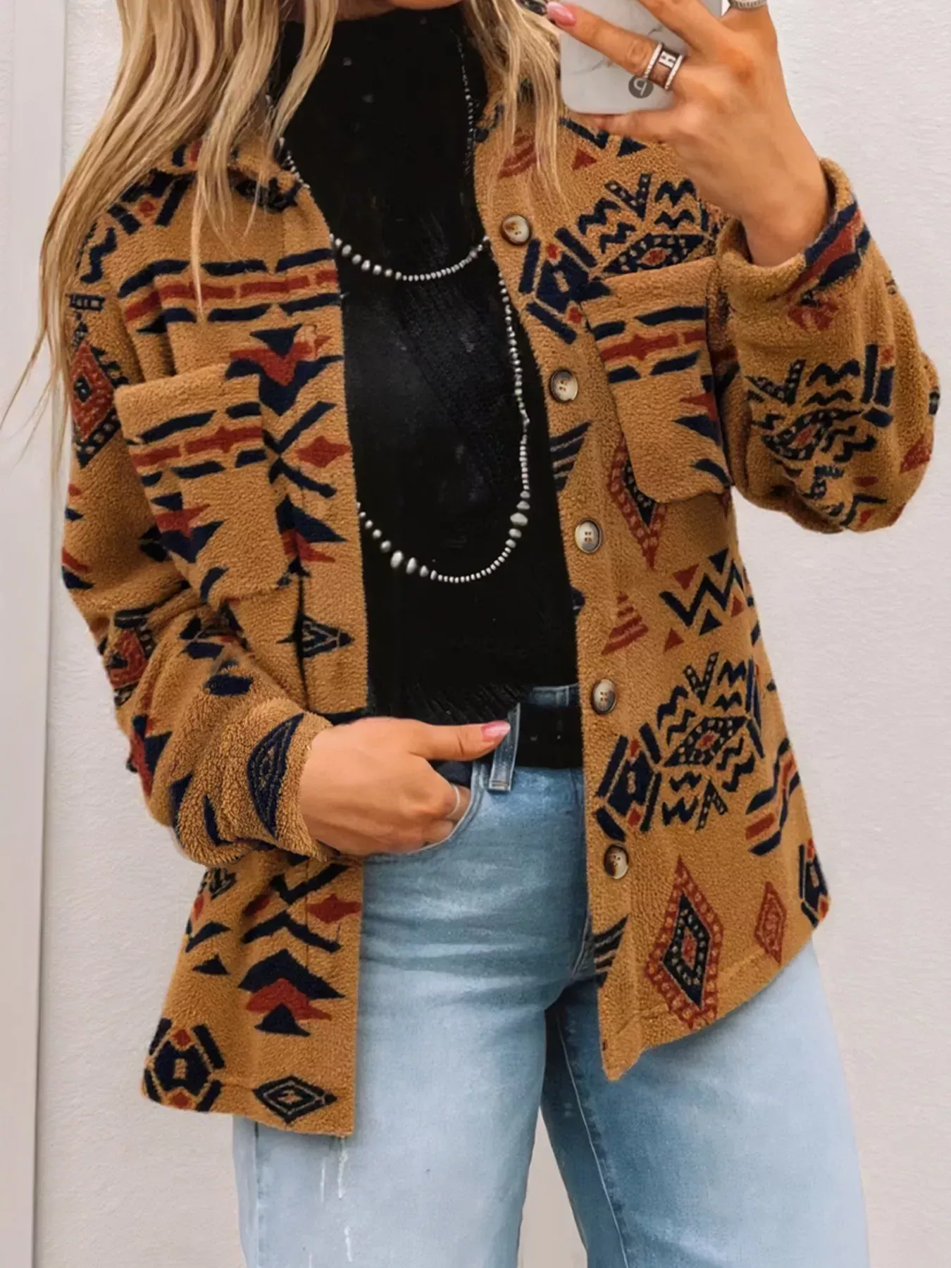 Western Aztec Pattern Fleece Button-Up Shacket