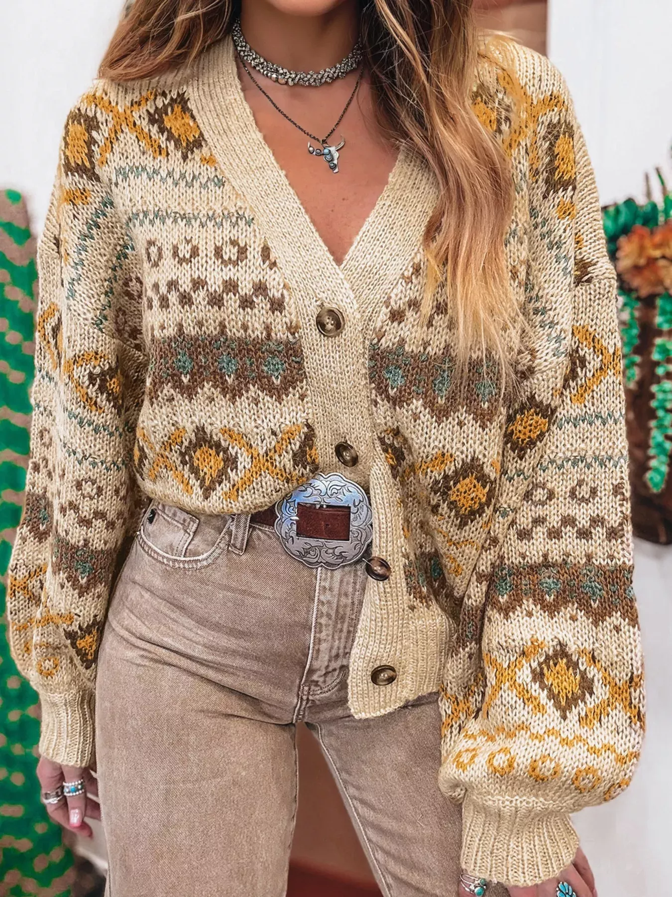 Western Pattern Knitted Button V Neck Cardigan Sweater