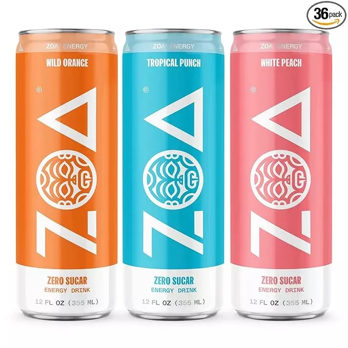 ZOA Zero Sugar Energy Drinks, Tropical Taste Pack - Sugar Free with Electrolytes, Healthy Vitamin C, Amino Acids, Essential B-Vitamins, and Caffeine from Green Tea - 12 Fl Oz (Pack Of 36)
